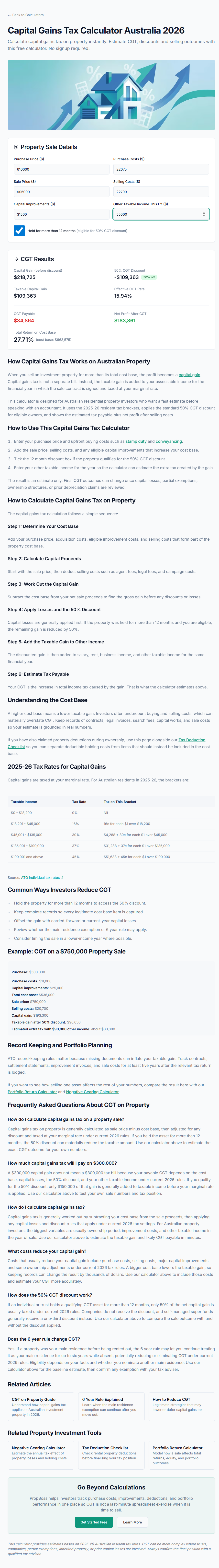 PropBoss Capital Gains Tax Calculator showing the same $218,725 capital gain but $34,864 CGT payable with $55,000 other income