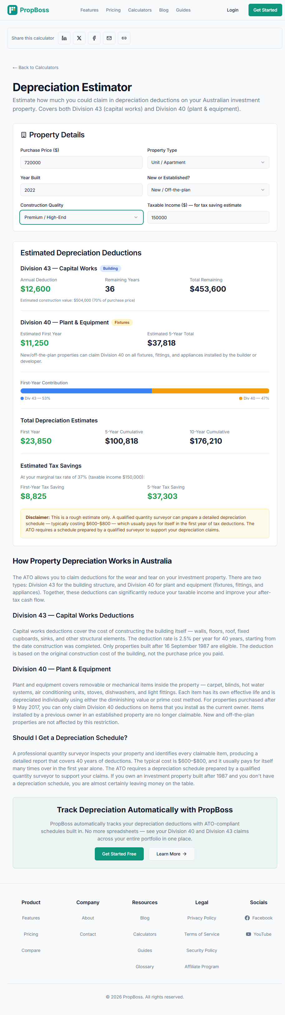 PropBoss Depreciation Estimator showing a $720,000 premium new apartment with a $23,850 first-year depreciation estimate and stronger capital works weighting
