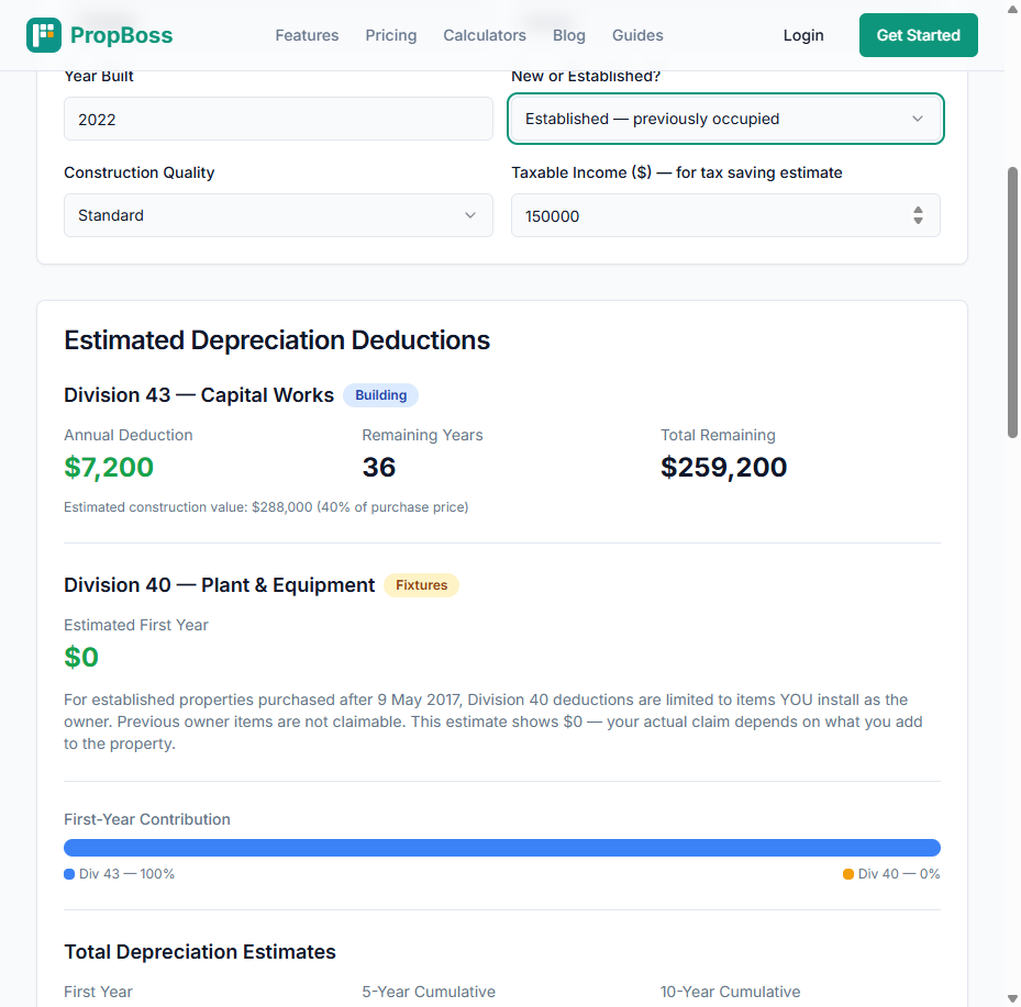 PropBoss Depreciation Estimator showing an established $720,000 house built in 2022 where Division 40 drops to $0 and the first-year estimate is driven entirely by Division 43 capital works