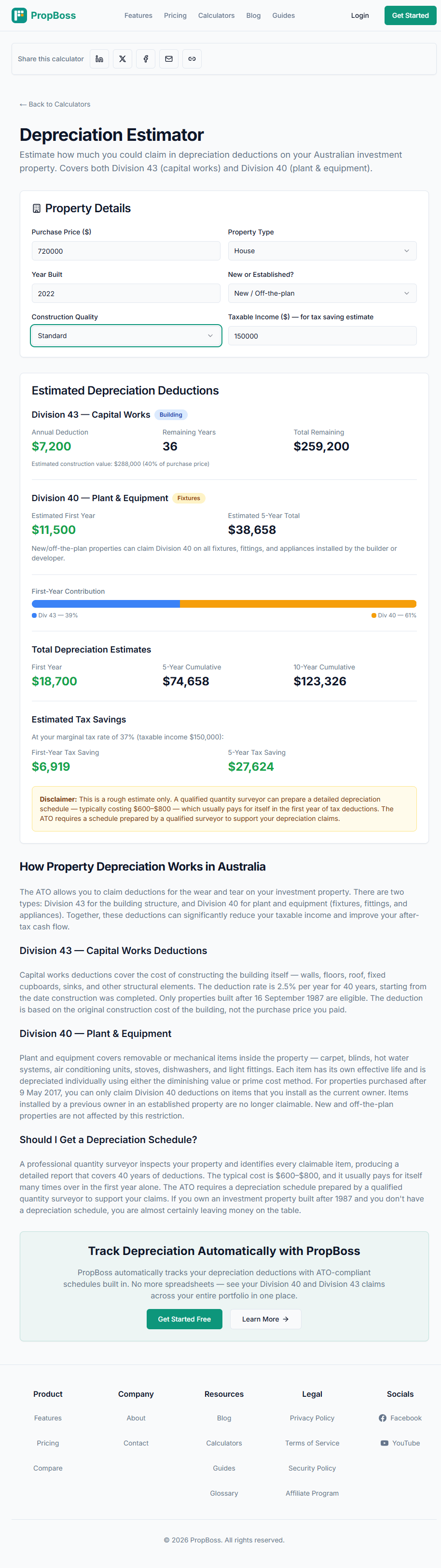PropBoss Depreciation Estimator showing a $720,000 new house built in 2022 with standard construction quality, an $18,700 first-year depreciation estimate, and an indicative $6,919 first-year tax saving at $150,000 taxable income