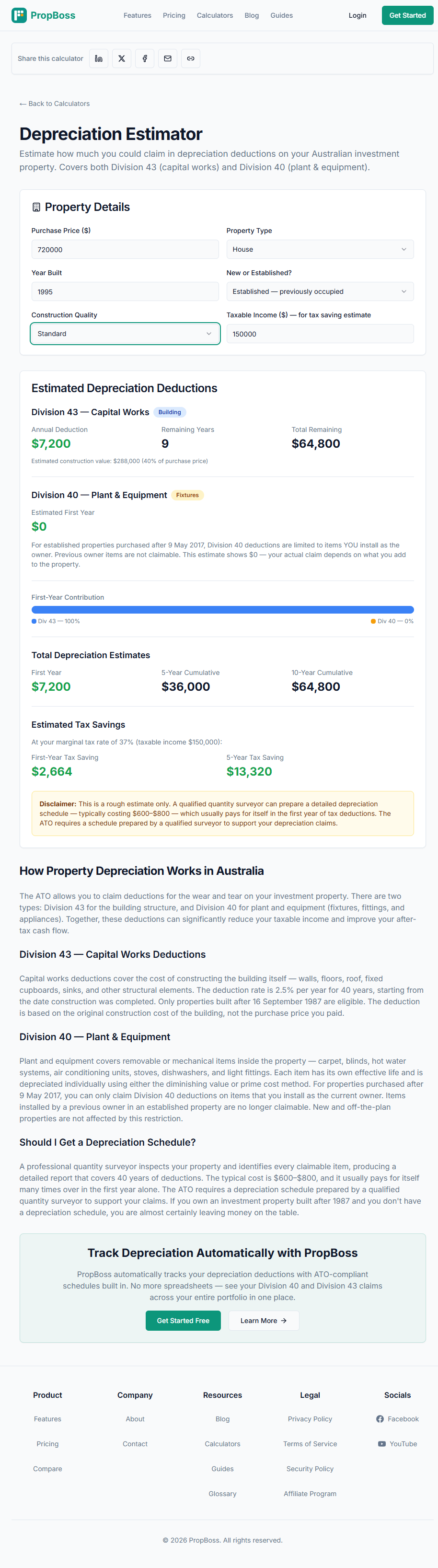 PropBoss Depreciation Estimator showing an older established $720,000 house built in 1995 with only nine Division 43 years remaining and no carried plant-and-equipment claim from the previous owner