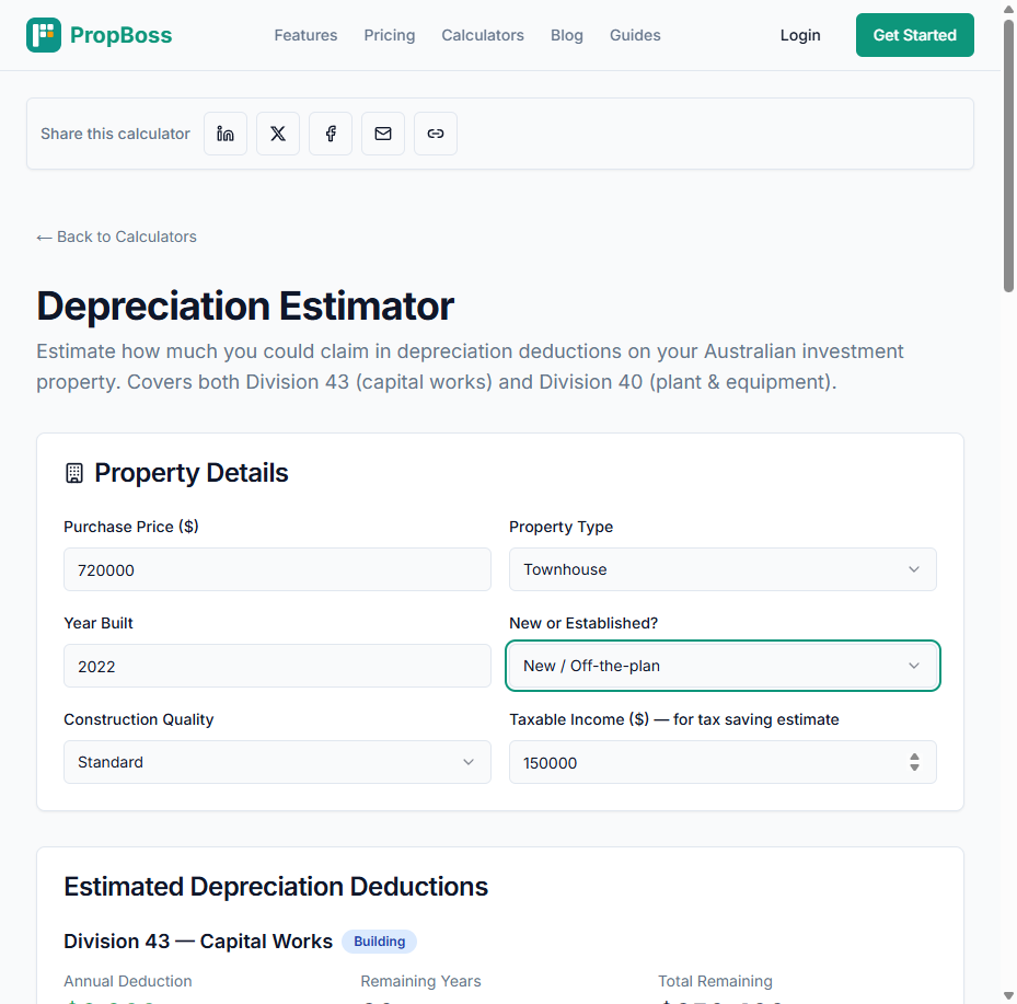 PropBoss Depreciation Estimator showing a $720,000 new townhouse with a higher building allocation and a first-year estimate of $18,900