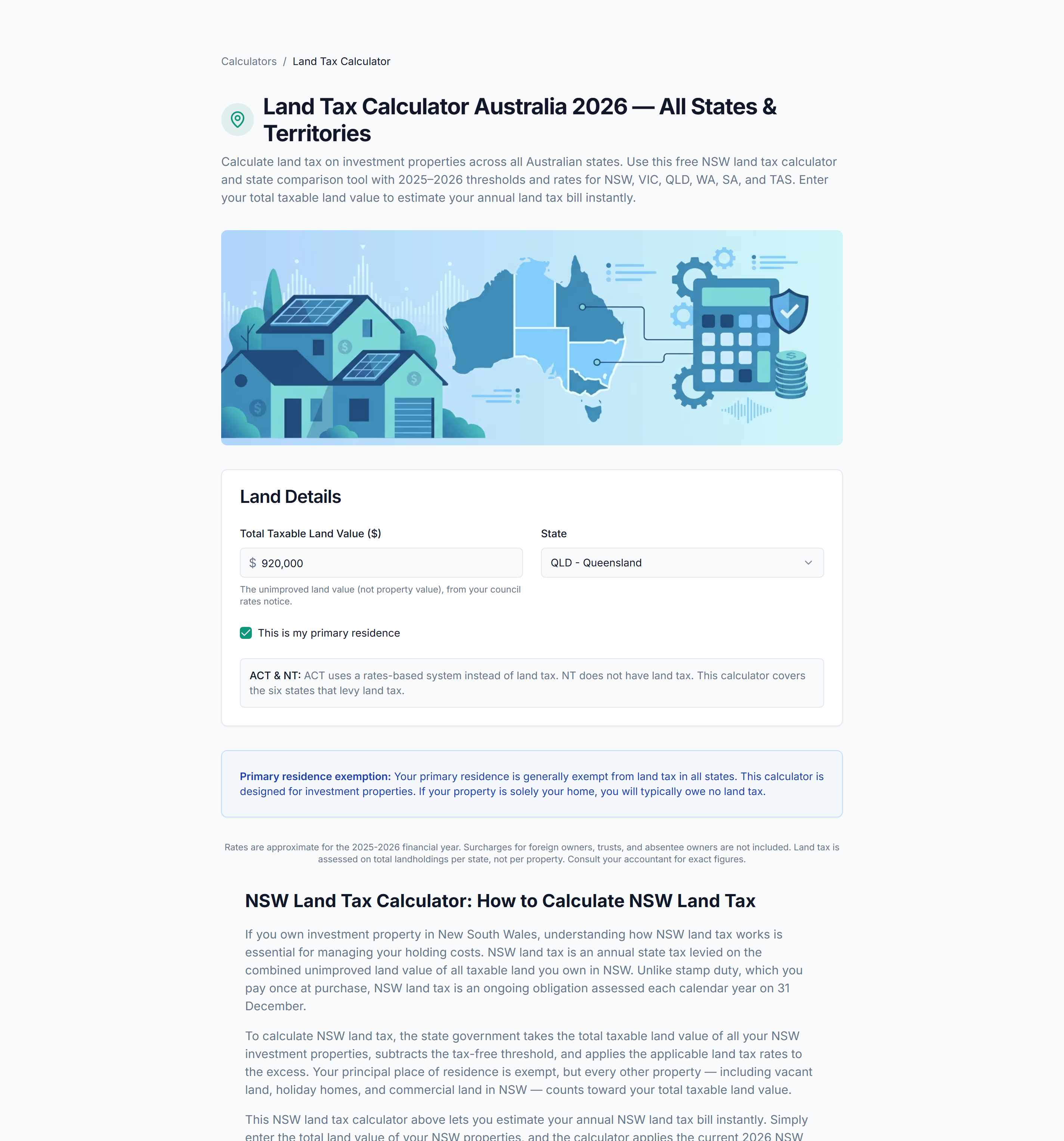 PropBoss land tax calculator showing the Queensland primary residence exemption message for a $920,000 land value scenario