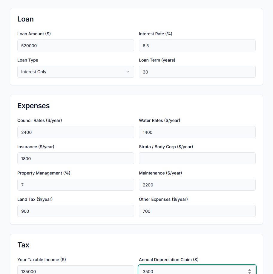 PropBoss Cash Flow Calculator showing a Brisbane house at $720 per week with -$9,720 pre-tax cash flow and -$5,754 after-tax cash flow