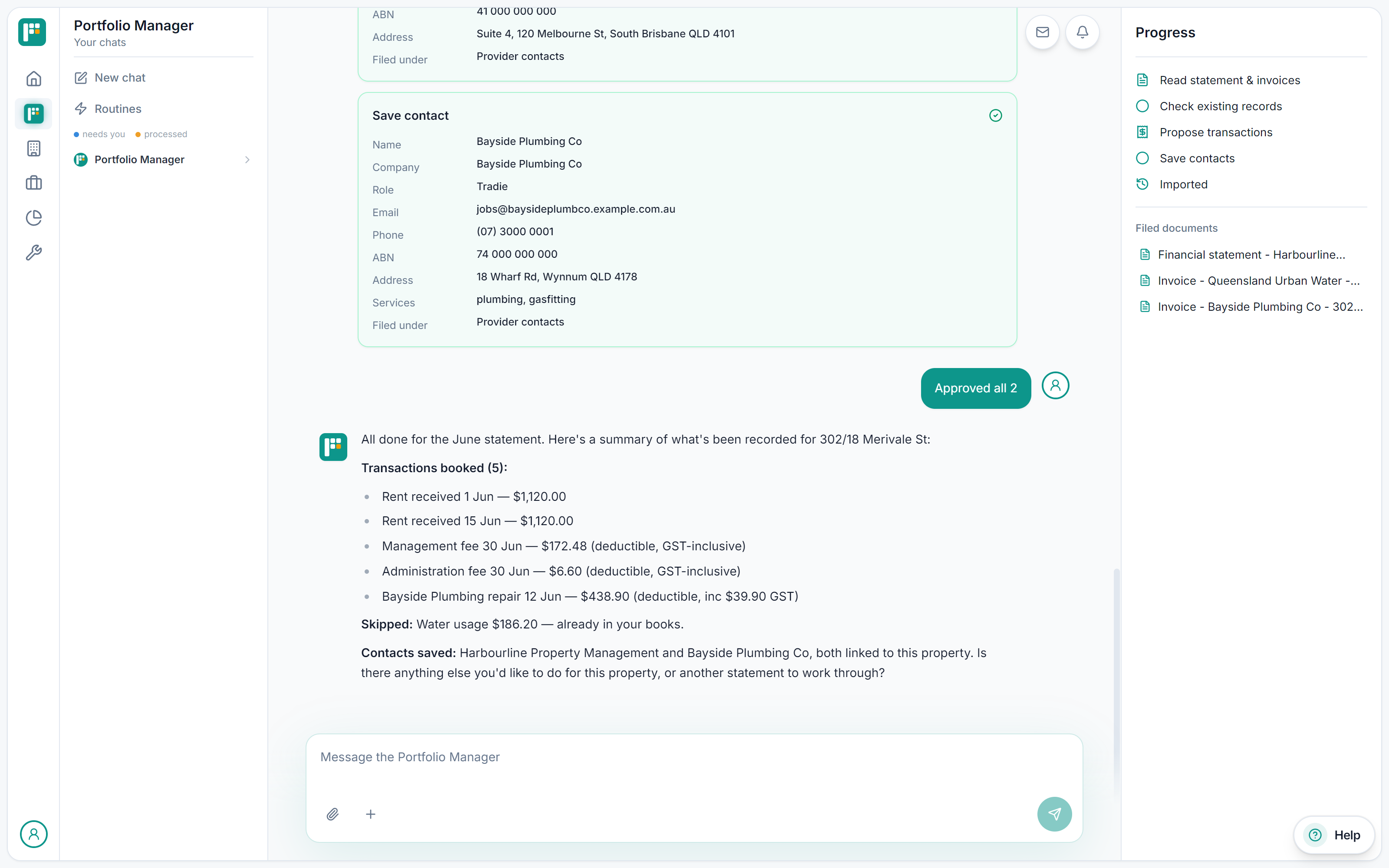 Real wrap-up message on a demo portfolio: five transactions booked with amounts, the duplicate water charge skipped, and two provider contacts saved and linked to the property