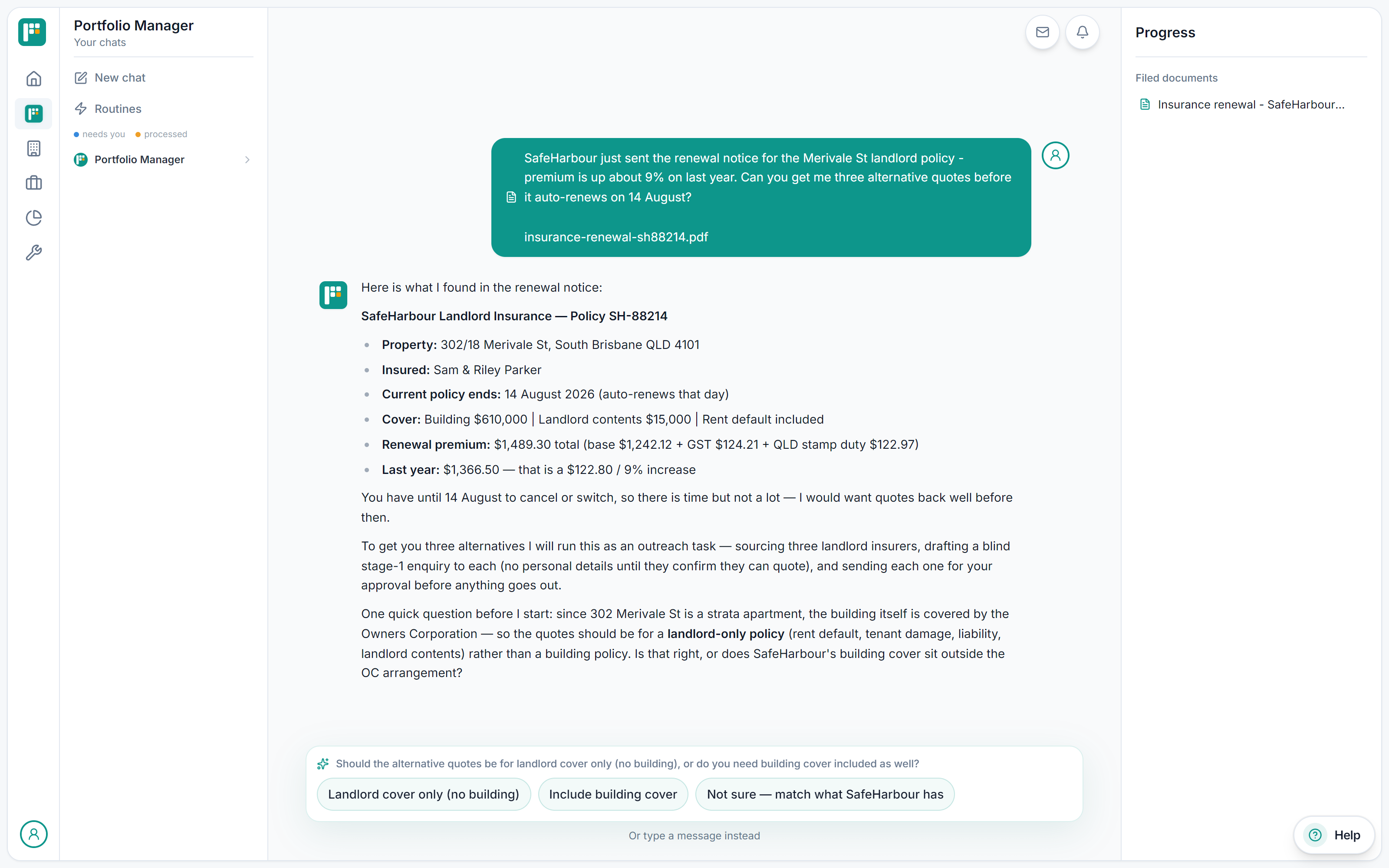 Real Portfolio Manager message on a demo portfolio: the parsed renewal notice — policy number, property, cover, renewal premium breakdown and the 9% increase on last year