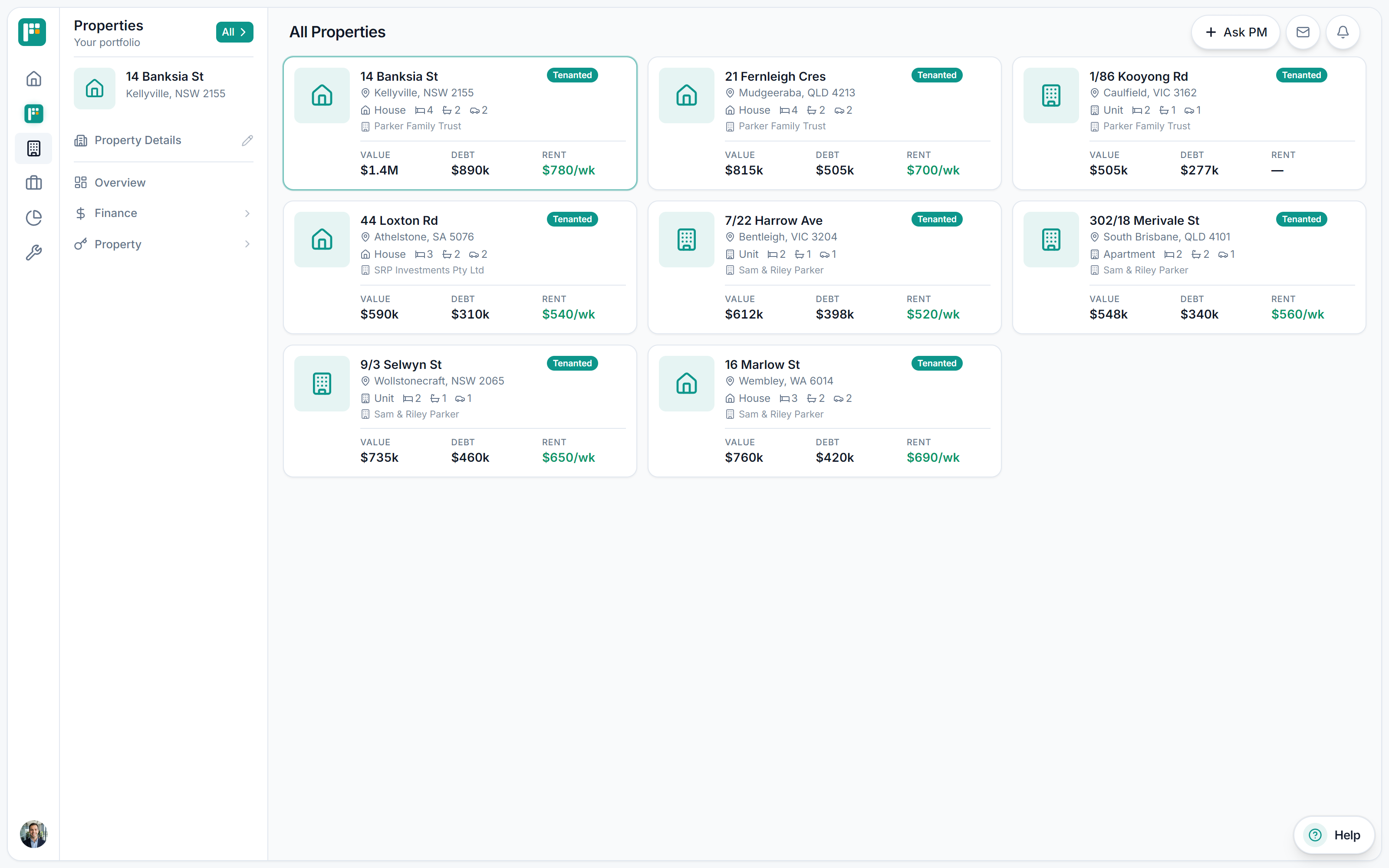 Real PropBoss All Properties screen on a demo portfolio: eight property cards across three entities, each with value, debt, weekly rent and a tenancy badge