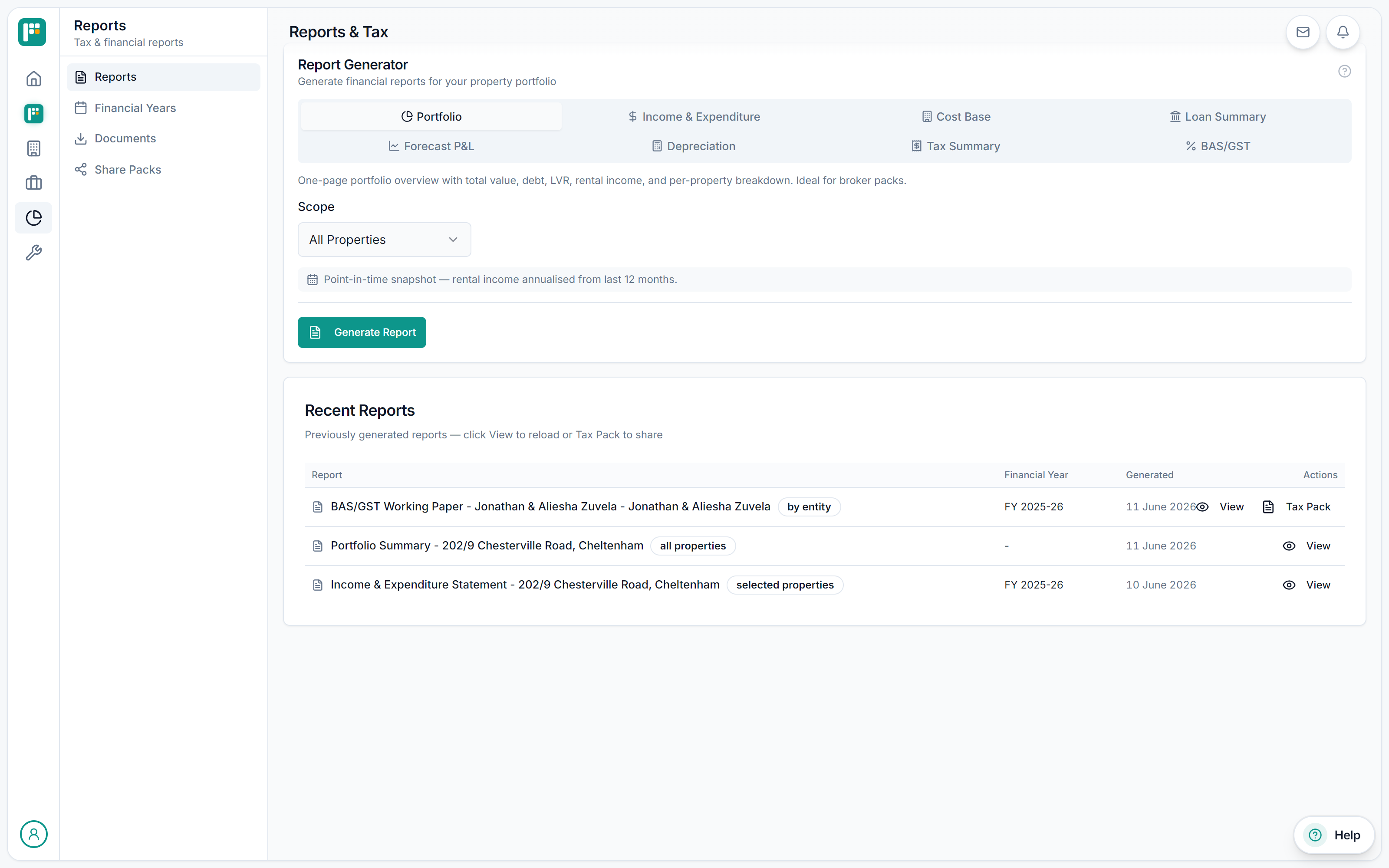 Real PropBoss Reports and Tax screen on a demo portfolio: the report generator with Portfolio, Income and Expenditure, Cost Base, Loan Summary, Forecast P&L, Depreciation, Tax Summary and BAS/GST tabs, a scope selector and a Generate Report button
