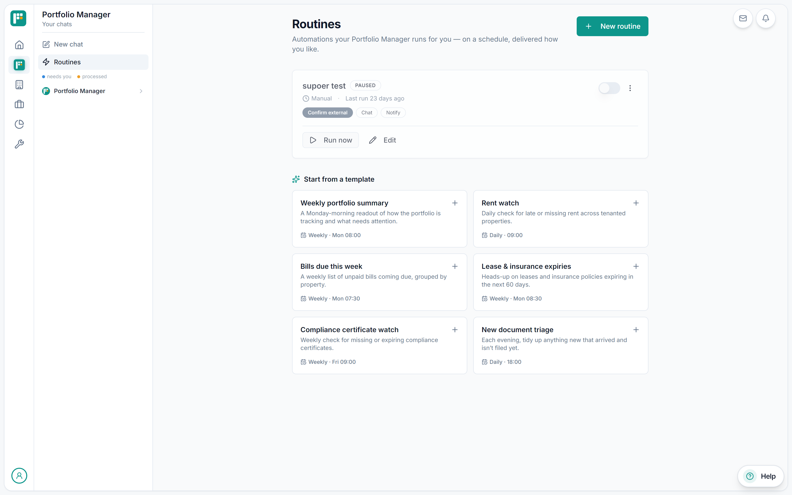 Real PropBoss Routines templates on a demo portfolio: weekly portfolio summary, rent watch, bills due this week, lease and insurance expiries, compliance certificate watch and new document triage — each with its schedule