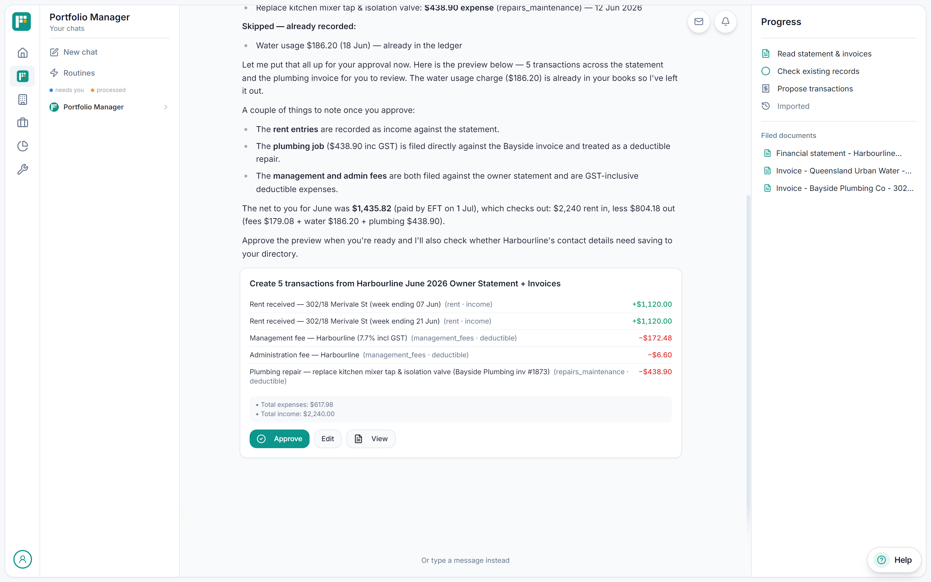 Real approval card on a demo portfolio: Create 5 transactions from the June owner statement and invoices — two green rent lines, red fee and repair lines with category chips, totals, and Approve, Edit and View buttons