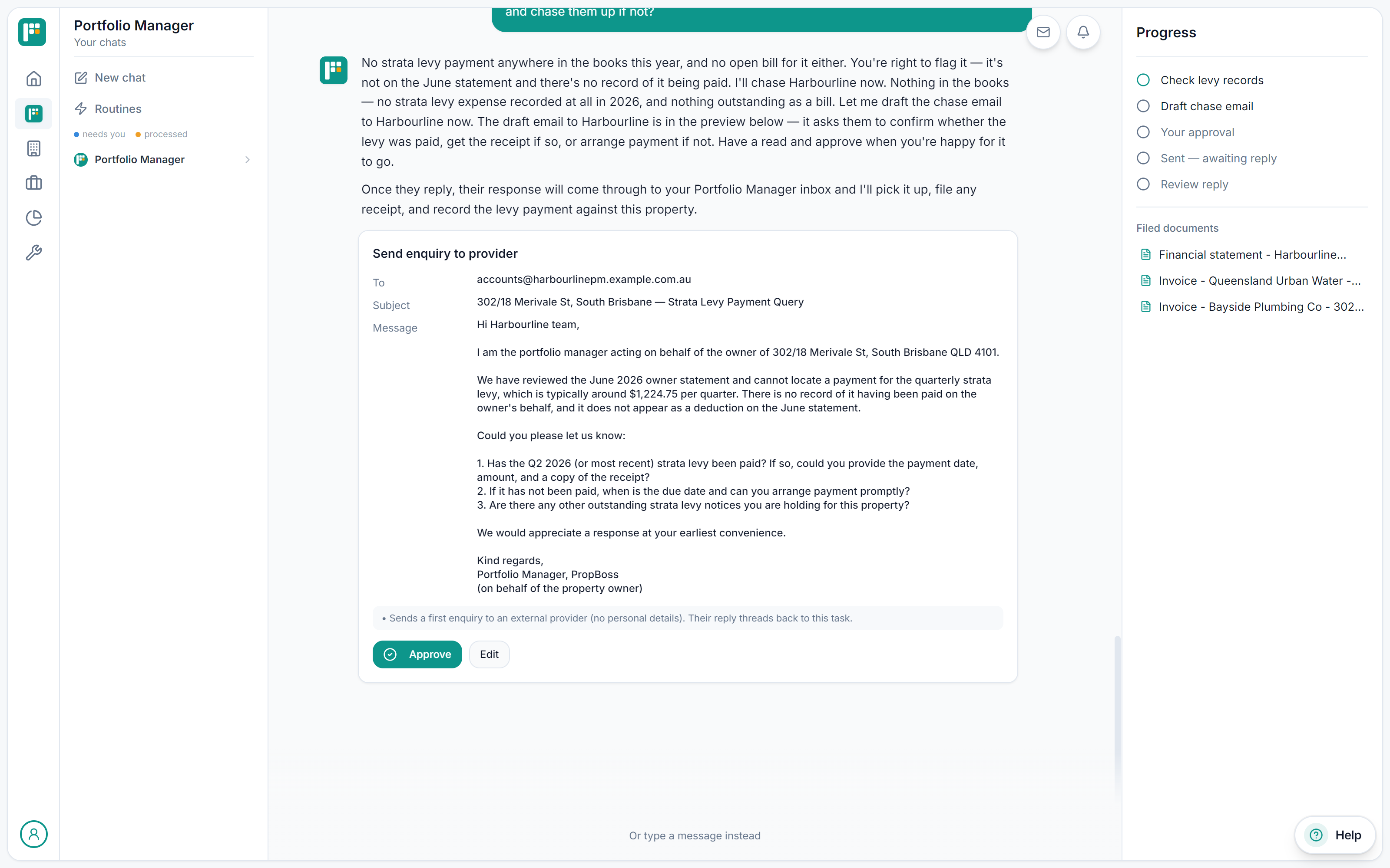 Real task checklist from the product on a demo portfolio: check levy records, draft chase email, your approval, sent — awaiting reply, review reply