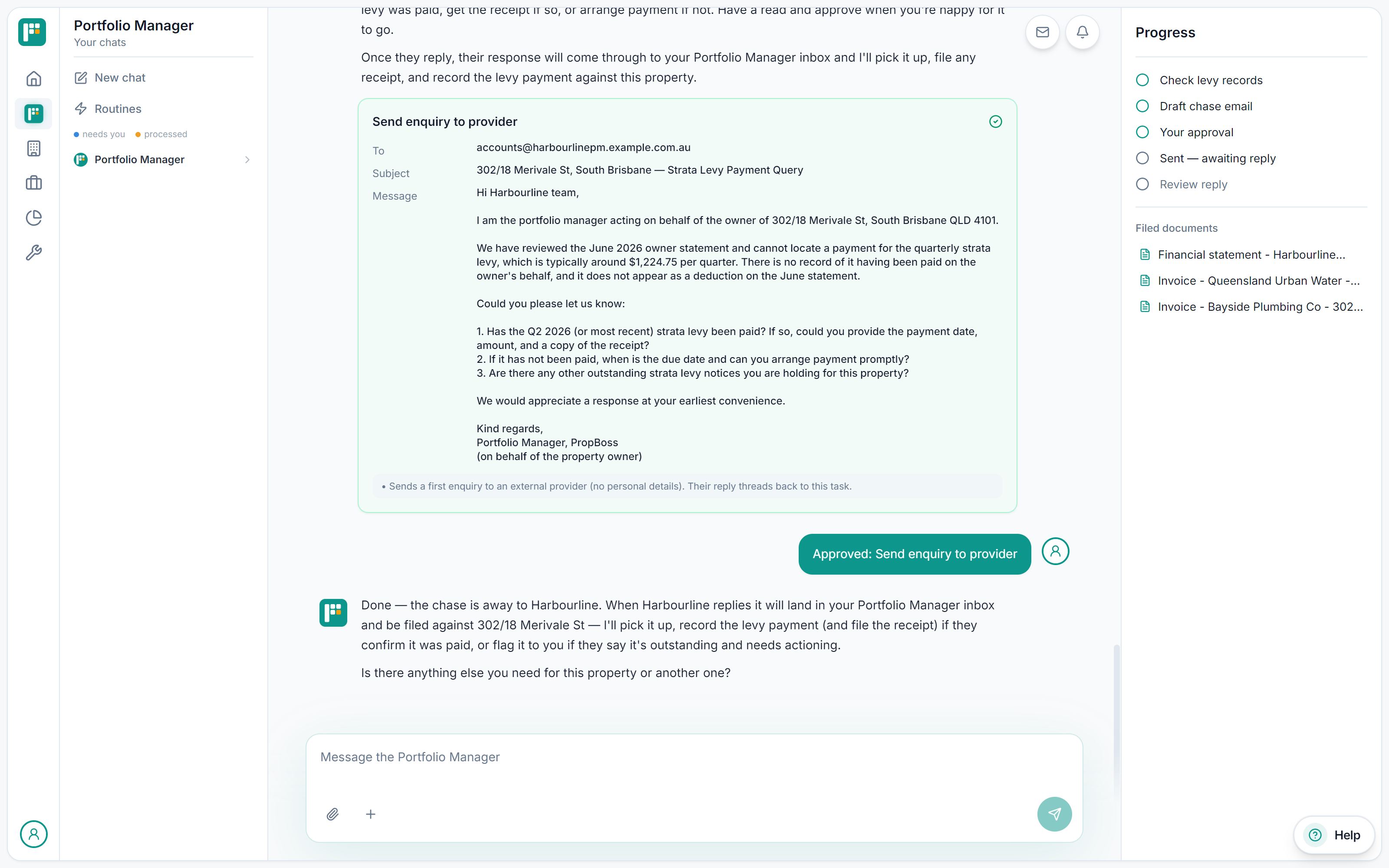 Real chat on a demo portfolio: the owner's Approved message, and the manager confirming the chase is away and that it will pick up the reply, record the levy and file the receipt