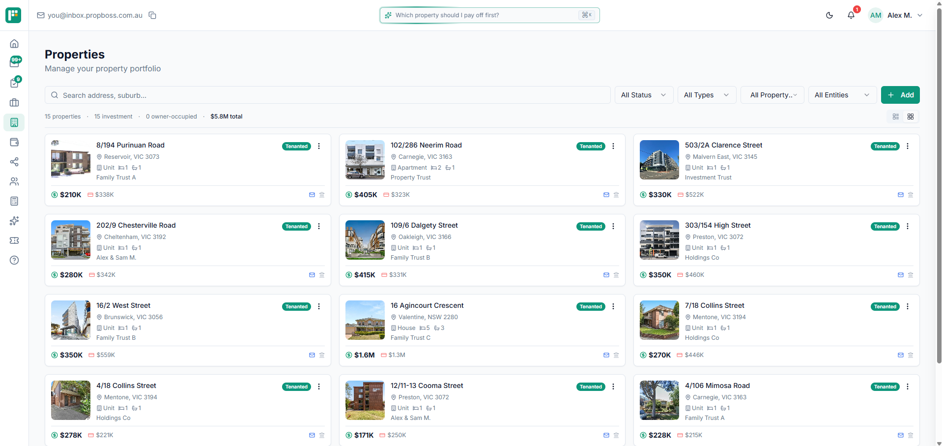 PropBoss properties page showing investment properties in a client portfolio